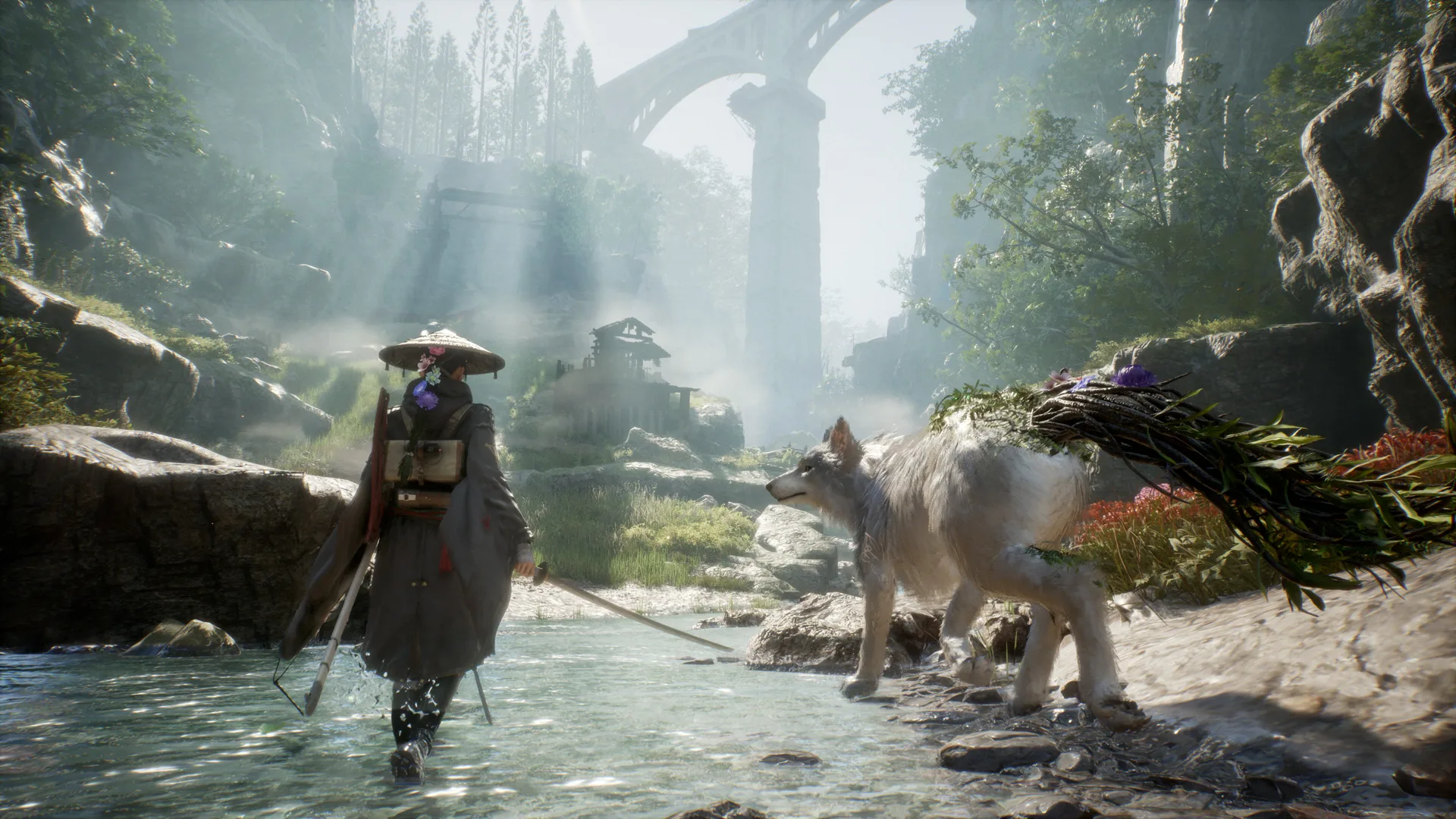 Emma and Koo walking through a bright overgrown ravine in an official Beast of Reincarnation gameplay still