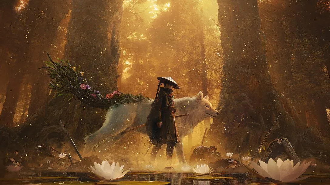 Emma and Koo standing in a golden forest in official Beast of Reincarnation promotional art